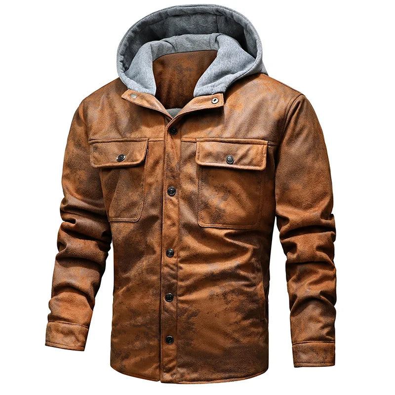 Vestes En Faux Cuir Pour Hommes Chapeau Tricoté Manteaux À Capuche Décontractés Avec Fermeture Éclair Jeunes Vêtements Chauds Doublés De Polaire Moto D'automne - Kaki