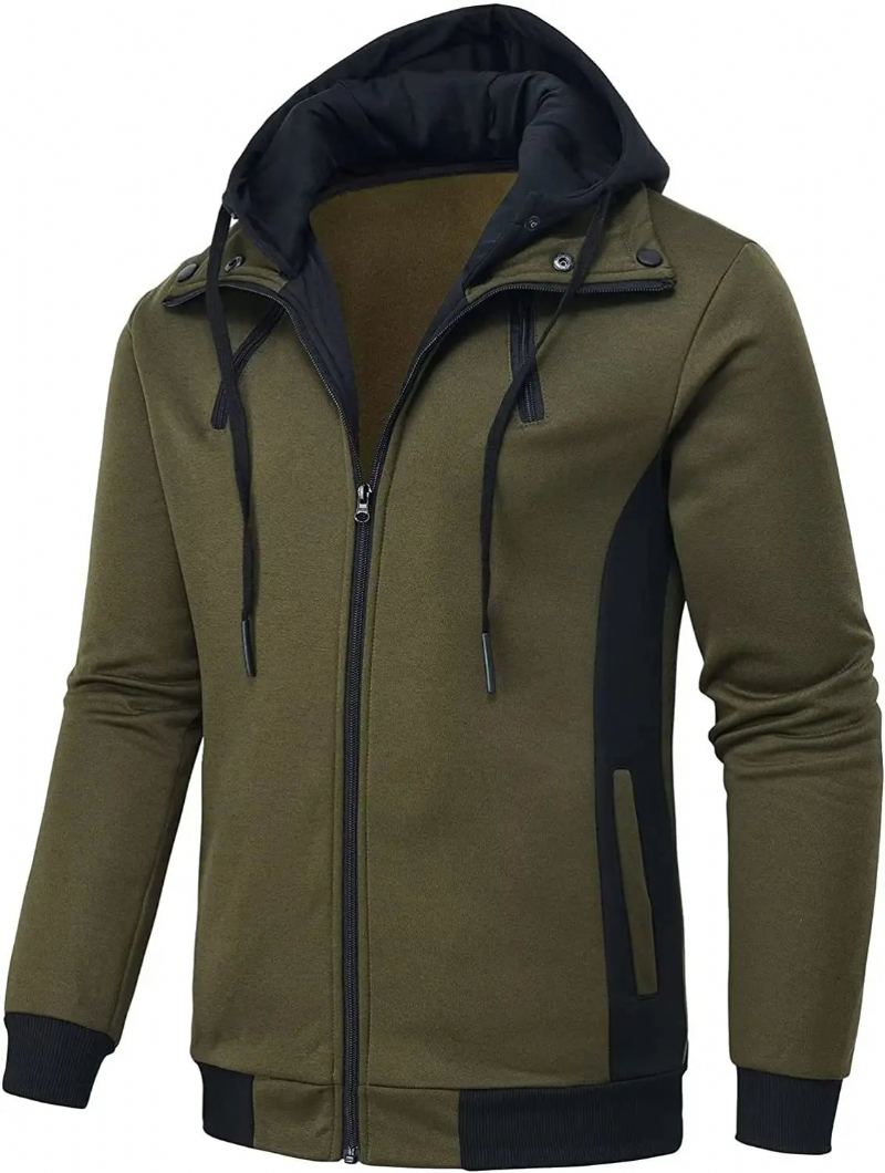 Vestes D'hiver Décontractées Pour Hommes Manteau À Double Fermeture Éclair Streetwear Polaire À Col Roulé Manteaux Coupe-vent Parkas Vêtements - Noir-Two Zipper