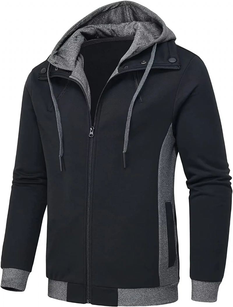 Vestes D'hiver Décontractées Pour Hommes Manteau À Double Fermeture Éclair Streetwear Polaire À Col Roulé Manteaux Coupe-vent Parkas Vêtements - Noir-Two Zipper