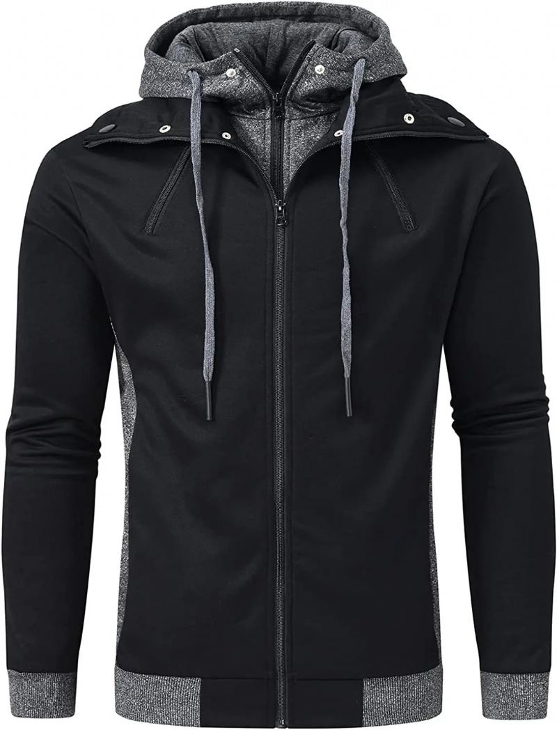 Vestes D'hiver Décontractées Pour Hommes Manteau À Double Fermeture Éclair Streetwear Polaire À Col Roulé Manteaux Coupe-vent Parkas Vêtements - Noir-Two Zipper