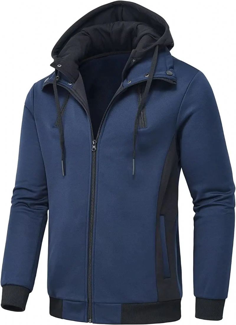 Vestes D'hiver Décontractées Pour Hommes Manteau À Double Fermeture Éclair Streetwear Polaire À Col Roulé Manteaux Coupe-vent Parkas Vêtements - Noir-Two Zipper