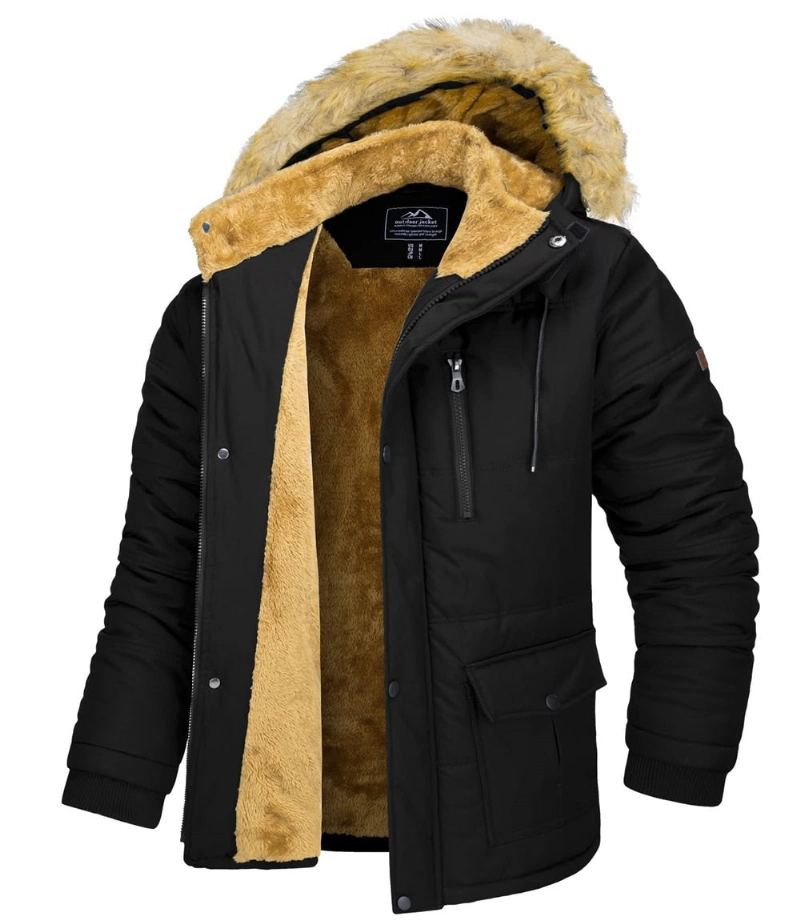 Vestes D'hiver À Doublure Polaire Pour Hommes Manteaux À Capuche Amovible Parka De Randonnée Coupe-vent Décontracté Vêtements D'extérieur - Noir