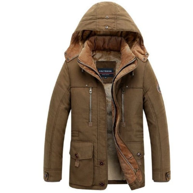 Vestes D'hiver Pour Hommes Parka Épaisse À Capuche Manteaux Chauds Avec Fermeture Éclair Pardessus En Coton Vêtements Élégants - Café