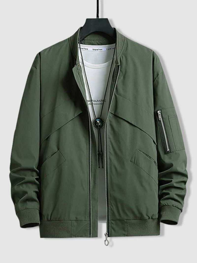 Vestes Pour Hommes Veste Bombardier Solide À Fermeture Éclair Col Montant Manteaux D'automne Et D'hiver Streetwear Basique Manteau D'extérieur Avec Poche - Vert