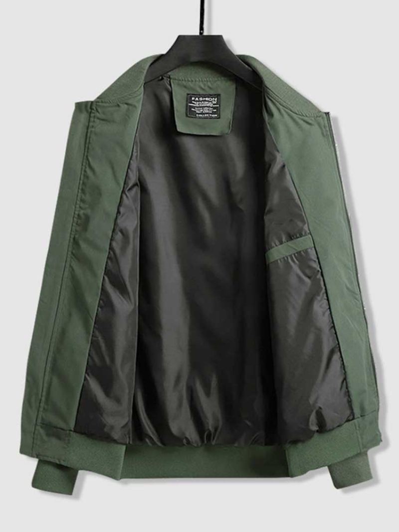 Vestes Pour Hommes Veste Bombardier Solide À Fermeture Éclair Col Montant Manteaux D'automne Et D'hiver Streetwear Basique Manteau D'extérieur Avec Poche - Vert