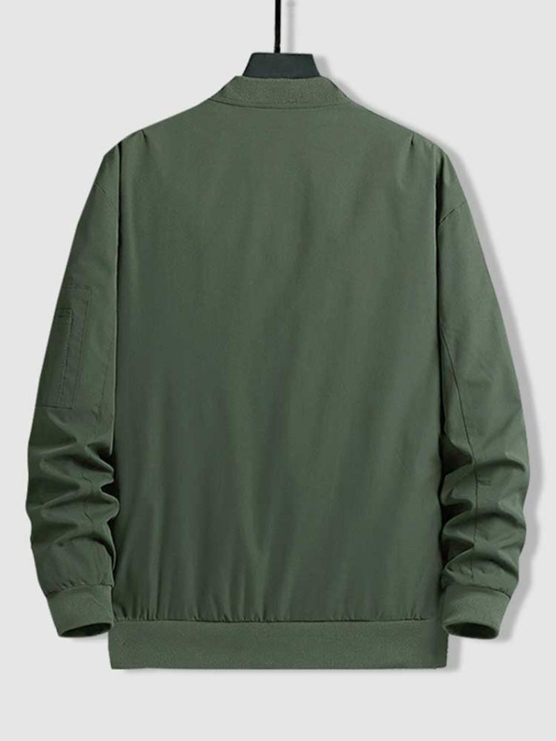 Vestes Pour Hommes Veste Bombardier Solide À Fermeture Éclair Col Montant Manteaux D'automne Et D'hiver Streetwear Basique Manteau D'extérieur Avec Poche - Vert