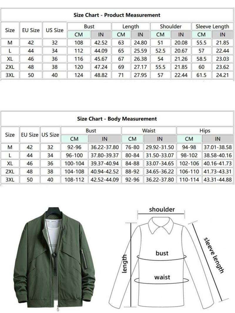 Vestes Pour Hommes Veste Bombardier Solide À Fermeture Éclair Col Montant Manteaux D'automne Et D'hiver Streetwear Basique Manteau D'extérieur Avec Poche - Vert