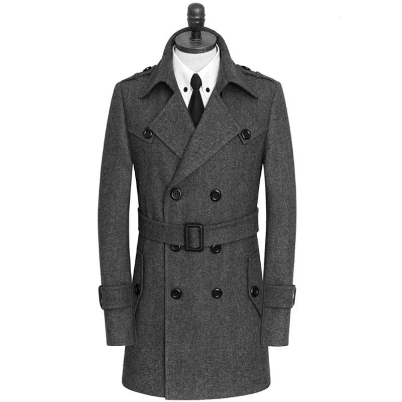 Vestes En Laine Pour Hommes Trench-coat Élégant À Double Bouton Coupe-vent En Mélange De Respirant - Noir