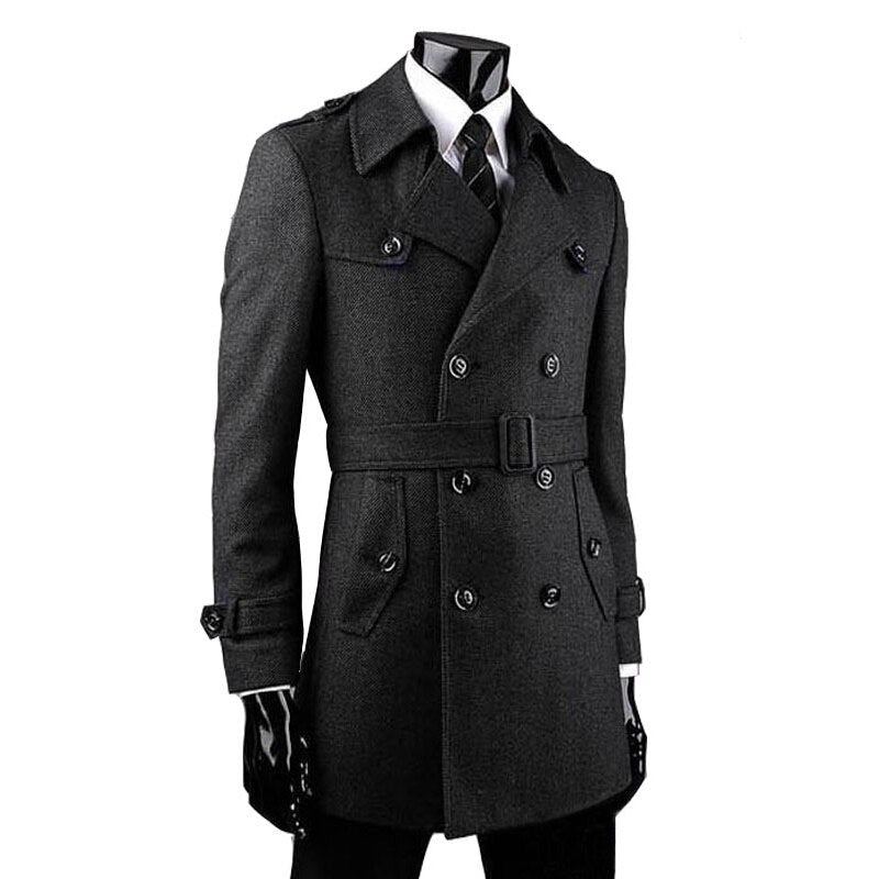 Vestes En Laine Pour Hommes Trench-coat Élégant À Double Bouton Coupe-vent En Mélange De Respirant - Noir