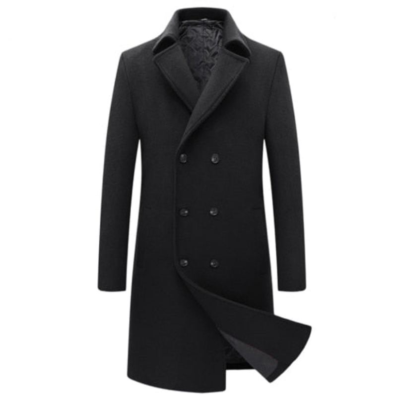 Vestes En Laine Pour Hommes Trench Long Et Épais Manteaux Chauds De Loisirs Mélangés Automne Et Hiver - Noir