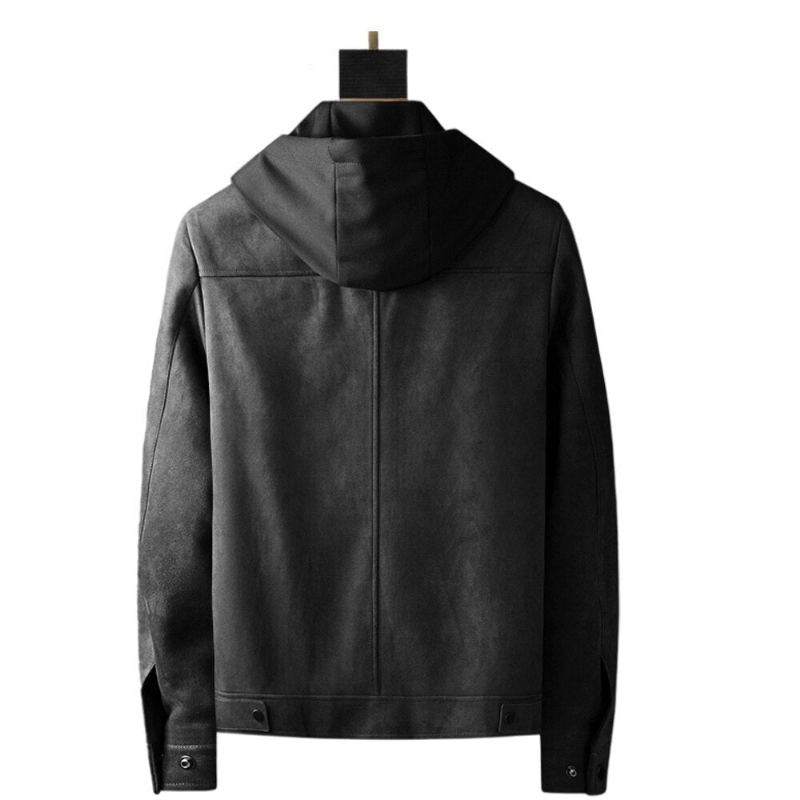 Vestes De Luxe À Capuche Élastique Pour Hommes Manteaux En Laine Et Daim Décontractés Vêtements De Moto Streetwear Printemps - Noir