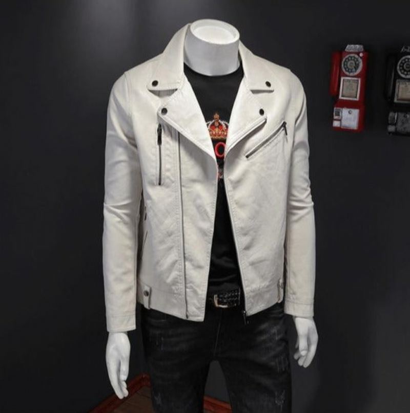 Vestes De Moto Classiques Slim Pour Hommes Veste En Cuir Manteau De Motard Noir Et Blanc Automne Hiver - Blanc