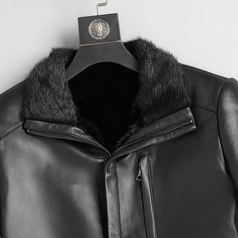 Vêtements D'hiver En Fourrure Pour Hommes D'extérieur En Cuir Véritable Et Naturelle - Noir