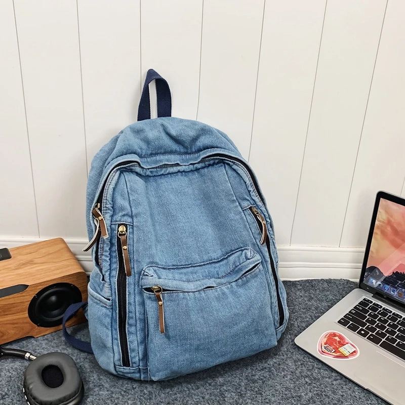 Sac À Dos Femme Grande Capacité Jean Sac À Dos Étudiant - Bleu Foncé