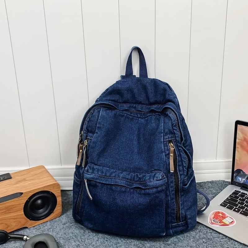 Sac À Dos Femme Grande Capacité Jean Sac À Dos Étudiant - Bleu Foncé