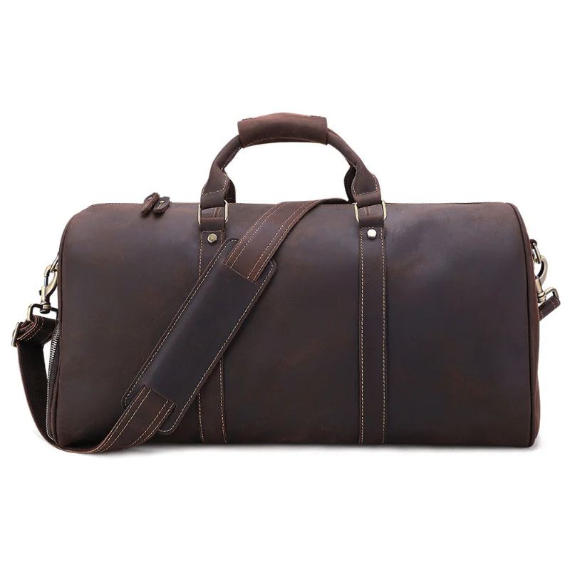 Grand Sac Polochon En Cuir Véritable Pour Hommes D'affaires Sac De Voyage En De Cheval Fou Sac De Rétro Week-end - Café