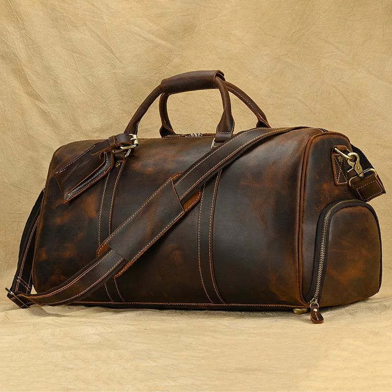 Sac À Main Vintage Pour Hommes Sac De Voyage Avec Poche À Chaussures En Cuir Véritable Sac À Bandoulière De Grande Capacité - Marron