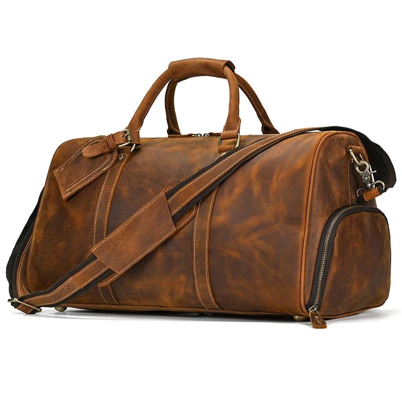 Sac À Main Vintage Pour Hommes Sac De Voyage Avec Poche À Chaussures En Cuir Véritable Sac À Bandoulière De Grande Capacité - Marron