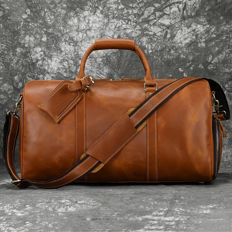 Sac À Main Vintage Pour Hommes Sac De Voyage Avec Poche À Chaussures En Cuir Véritable Sac À Bandoulière De Grande Capacité - Marron