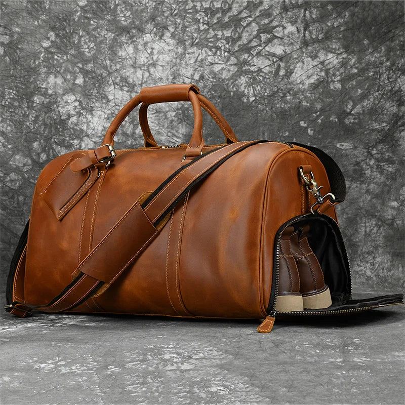 Sac À Main Vintage Pour Hommes Sac De Voyage Avec Poche À Chaussures En Cuir Véritable Sac À Bandoulière De Grande Capacité - Marron