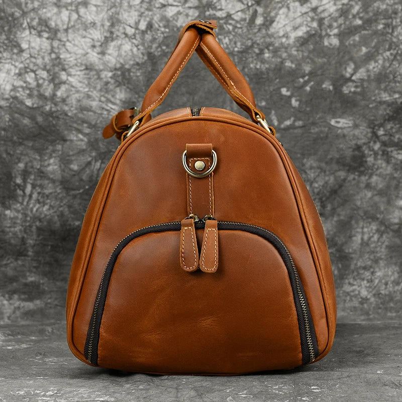 Sac À Main Vintage Pour Hommes Sac De Voyage Avec Poche À Chaussures En Cuir Véritable Sac À Bandoulière De Grande Capacité - Marron