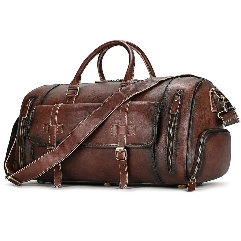 Sac De Voyage En Cuir Pour Homme Sac De Fitness En Rétro Sac À Main En Avec Compartiment À Chaussures Sac À Bagages - Café