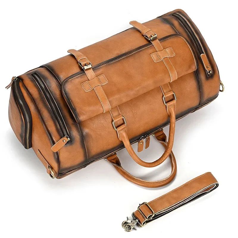 Sac De Voyage En Cuir Pour Homme Sac De Fitness En Rétro Sac À Main En Avec Compartiment À Chaussures Sac À Bagages - Café