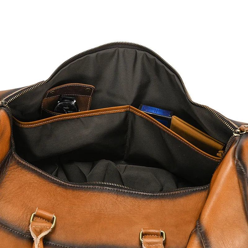 Sac De Voyage En Cuir Pour Homme Sac De Fitness En Rétro Sac À Main En Avec Compartiment À Chaussures Sac À Bagages - Café