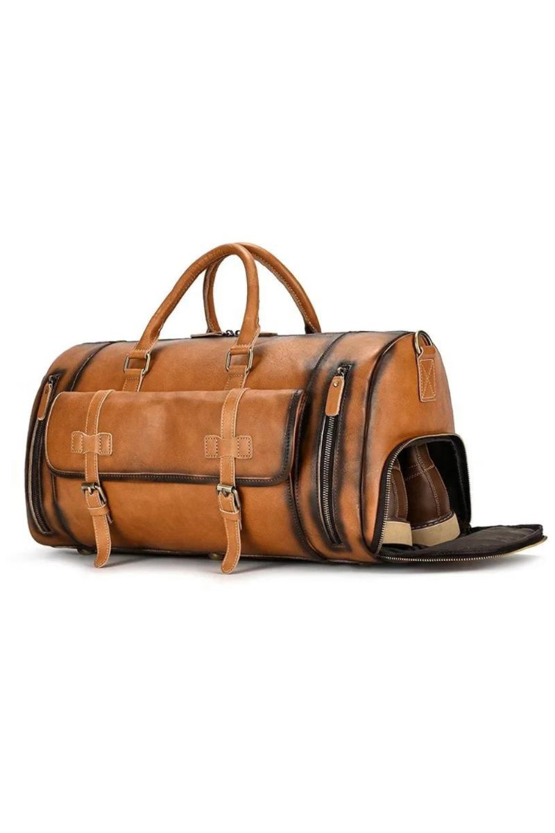 Sac De Voyage En Cuir Pour Homme Sac De Fitness En Rétro Sac À Main En Avec Compartiment À Chaussures Sac À Bagages - Café