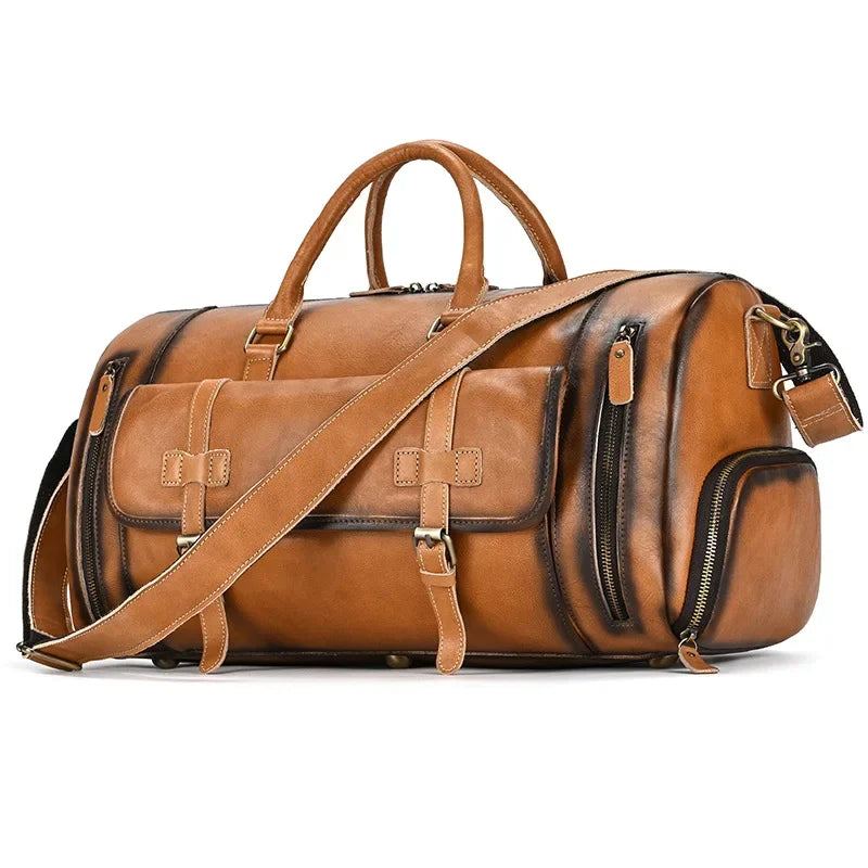 Sac De Voyage En Cuir Pour Homme Sac De Fitness En Rétro Sac À Main En Avec Compartiment À Chaussures Sac À Bagages - Café