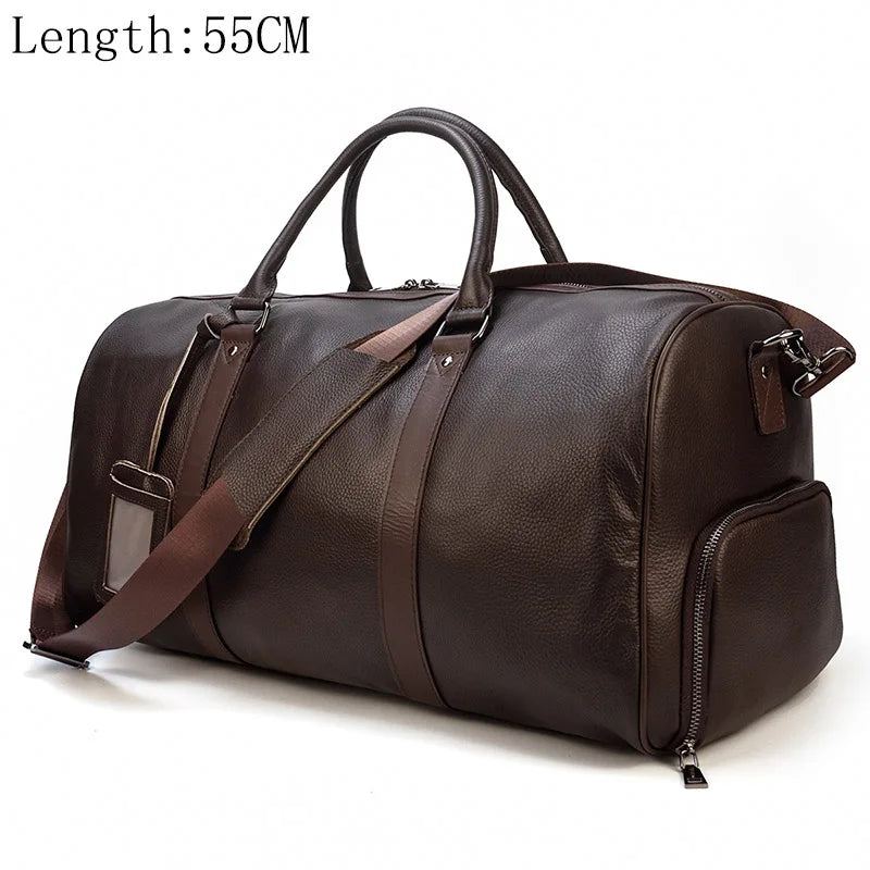 Sac De Voyage En Cuir Véritable Pour Hommes Polochon De Unisexe Avec Compartiment À Chaussures Sacs De Bagages À Main Souples - Marron2 (45 Cm)