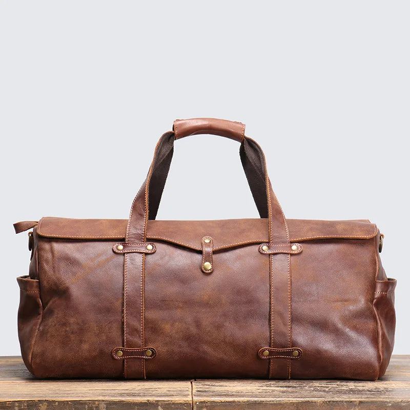 Sac De Voyage Portable En Cuir Rétro Pour Hommes Sac À Bandoulière Asymétrique Sac De Bagage - Marron Foncé