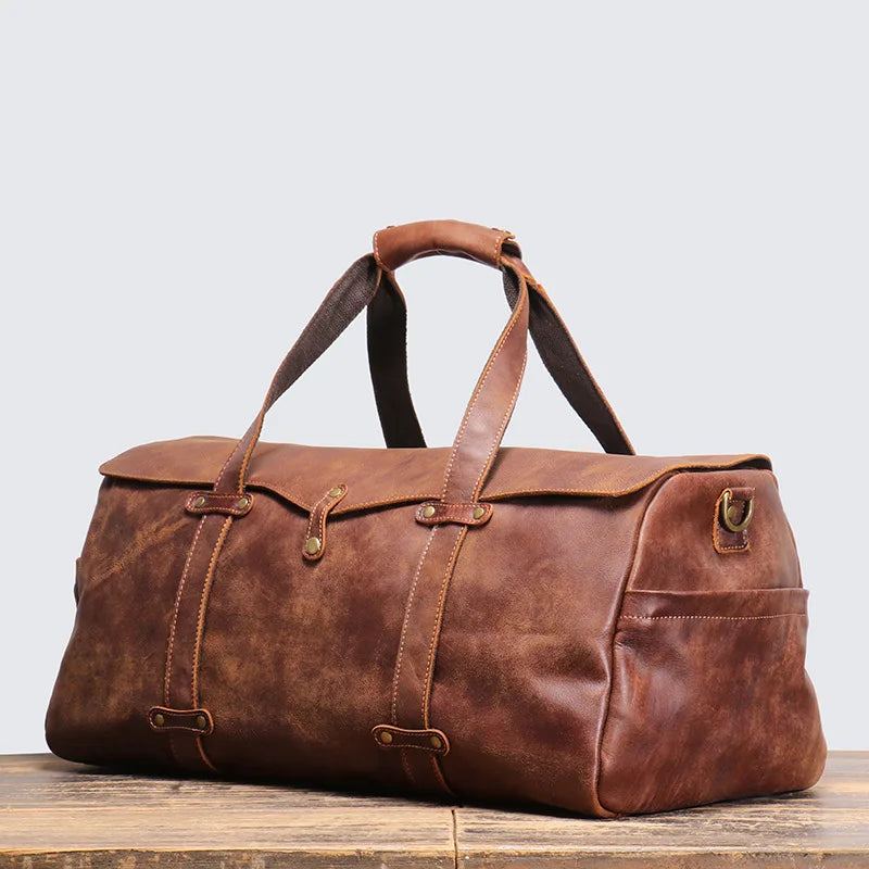 Sac De Voyage Portable En Cuir Rétro Pour Hommes Sac À Bandoulière Asymétrique Sac De Bagage - Marron Foncé