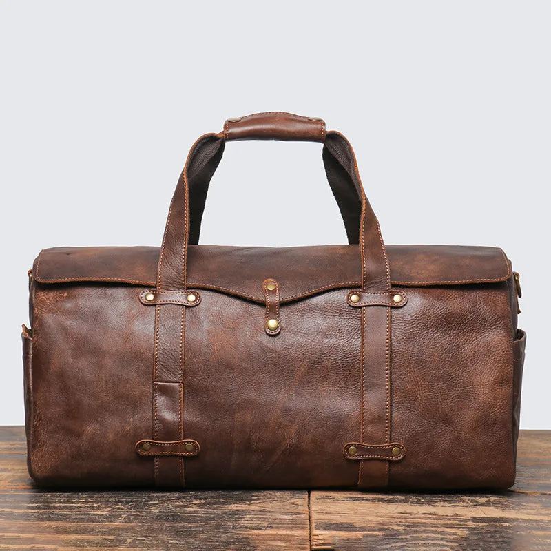 Sac De Voyage Portable En Cuir Rétro Pour Hommes Sac À Bandoulière Asymétrique Sac De Bagage - Marron Foncé