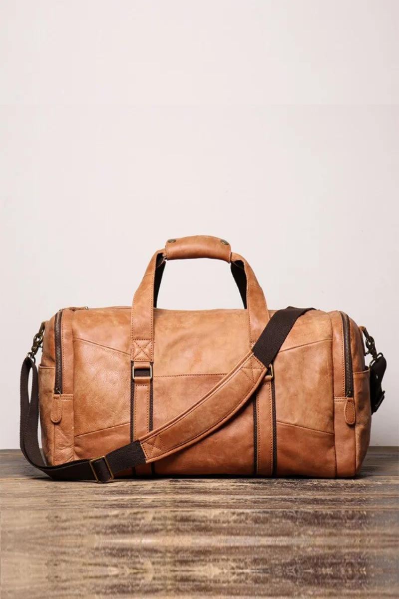 Sac De Voyage Portable Vintage En Cuir Véritable Pour Hommes Sac À Bandoulière Simple Grande Capacité Givré