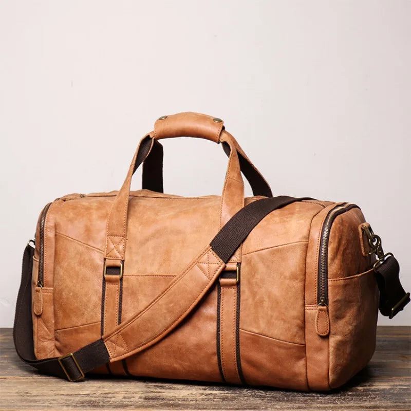 Sac De Voyage Portable Vintage En Cuir Véritable Pour Hommes Sac À Bandoulière Simple Grande Capacité Givré - Marron