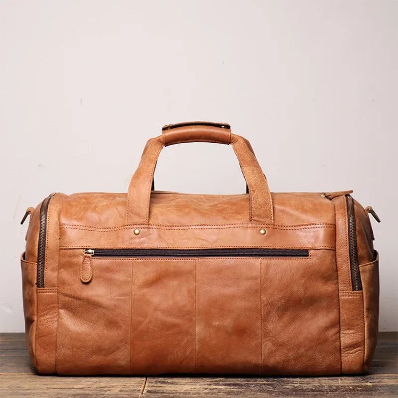 Sac De Voyage Portable Vintage En Cuir Véritable Pour Hommes Sac À Bandoulière Simple Grande Capacité Givré - Marron