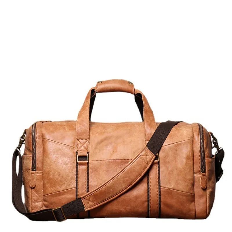 Sac De Voyage Portable Vintage En Cuir Véritable Pour Hommes Sac À Bandoulière Simple Grande Capacité Givré - Marron