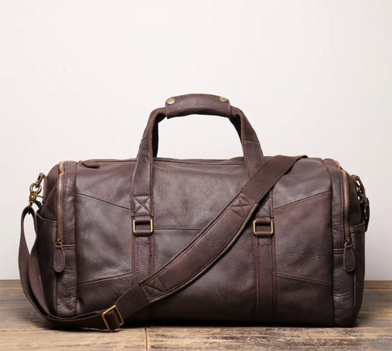 Sac De Voyage Portable Vintage En Cuir Véritable Pour Hommes Sac À Bandoulière Simple Grande Capacité Givré - Marron