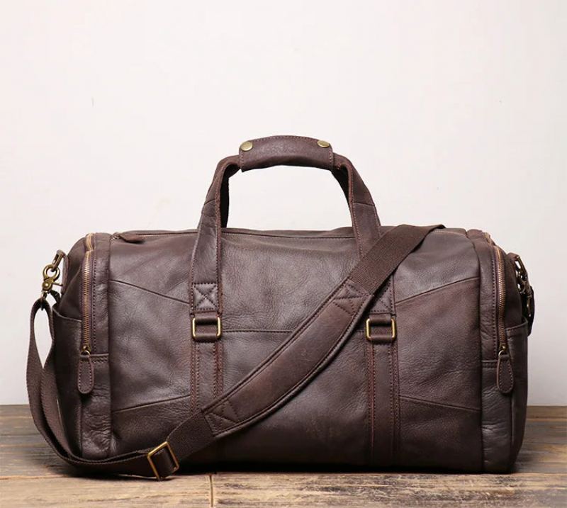 Sac De Voyage Portable Vintage En Cuir Véritable Pour Hommes Sac À Bandoulière Simple Grande Capacité Givré - Marron