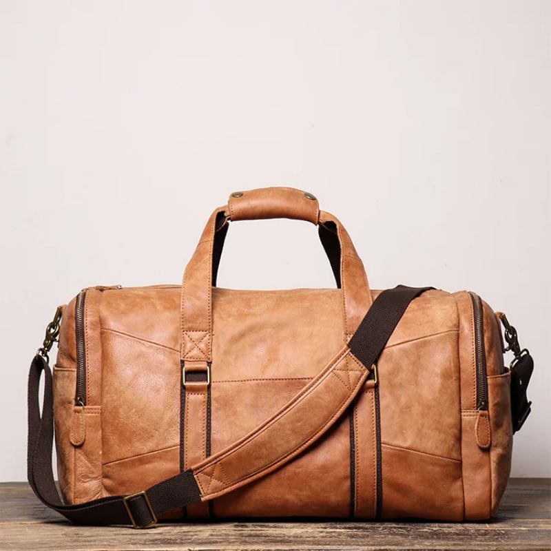 Sac De Voyage Portable Vintage En Cuir Véritable Pour Hommes Sac À Bandoulière Simple Grande Capacité Givré - Marron