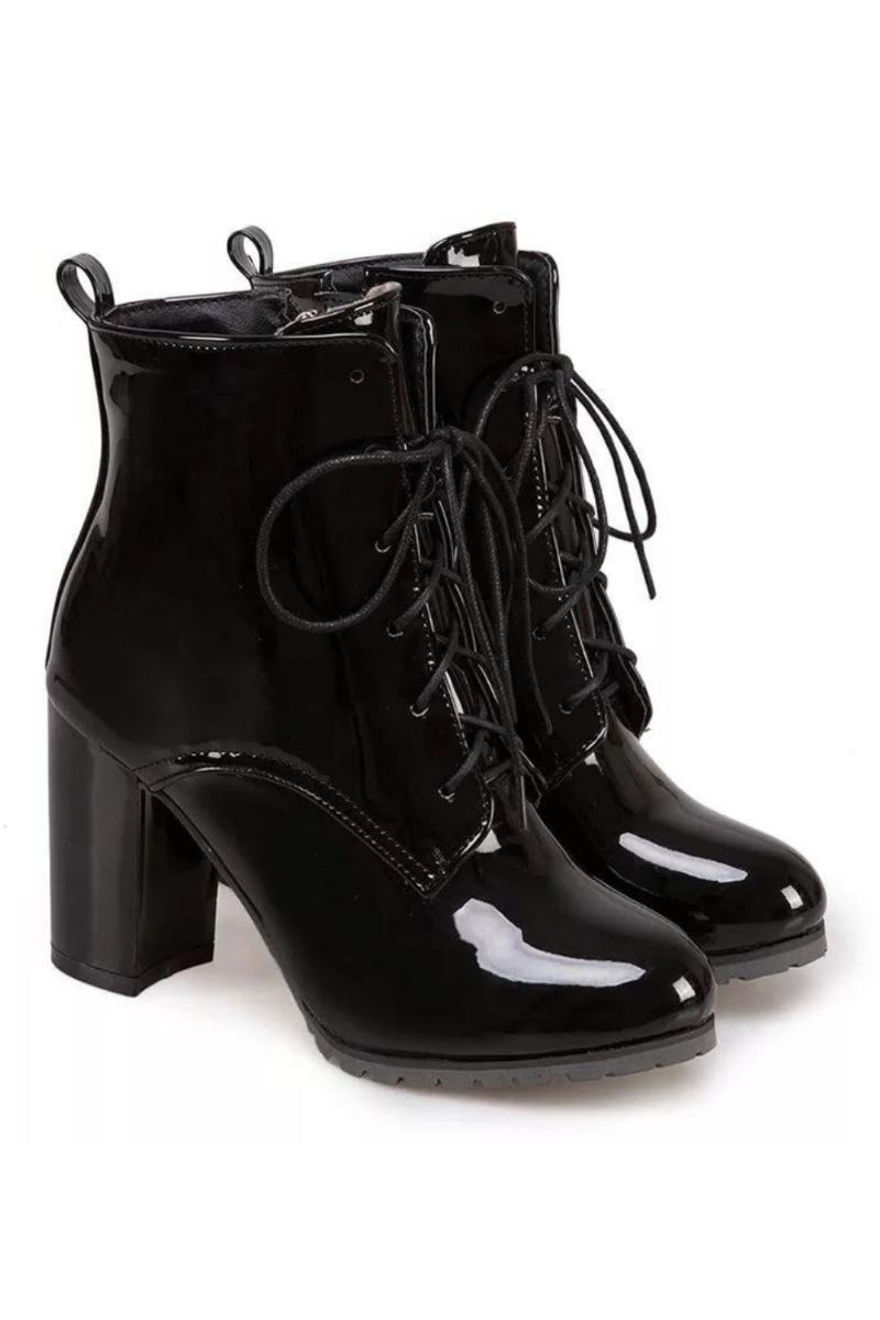 Bottes En Cuir Pour Femmes À Lacets Chaussures À Talons Hauts Printemps Automne Noires Bottines