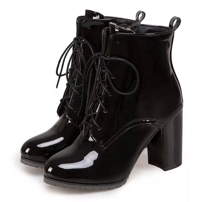 Bottes En Cuir Pour Femmes À Lacets Chaussures À Talons Hauts Printemps Automne Noires Bottines - Noir