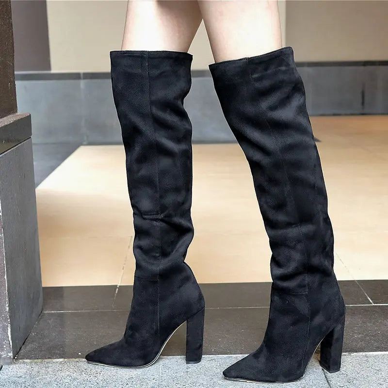 Bottes En Cuir Floqué Pour Femmes Hautes À Enfiler Chaussures D'automne Et D'hiver - Noir