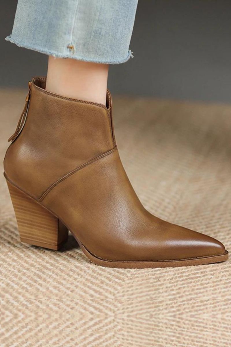 Bottes En Cuir Véritable Faites À La Main Pour Femme Bottines D'hiver À Bout Pointu Avec Fermeture Éclair Et Talons Hauts Épais