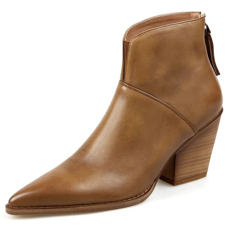 Bottes En Cuir Véritable Faites À La Main Pour Femme Bottines D'hiver À Bout Pointu Avec Fermeture Éclair Et Talons Hauts Épais - Kaki