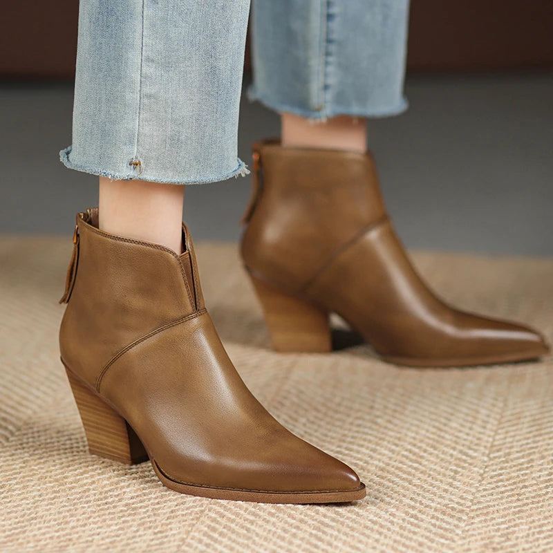 Bottes En Cuir Véritable Faites À La Main Pour Femme Bottines D'hiver À Bout Pointu Avec Fermeture Éclair Et Talons Hauts Épais - Kaki