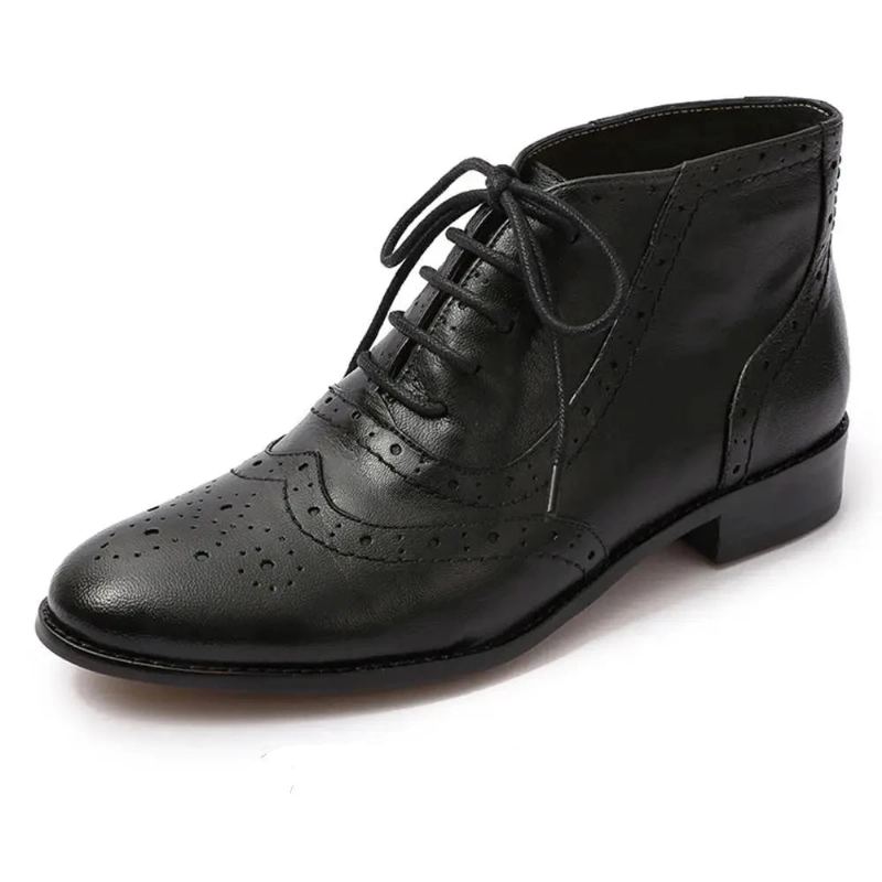 Bottes Et Bottines Brogue En Cuir Véritable Pour Femmes Chaussures Oxford - Noir