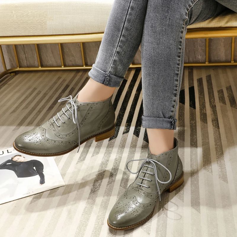 Bottes Et Bottines Brogue En Cuir Véritable Pour Femmes Chaussures Oxford - Noir