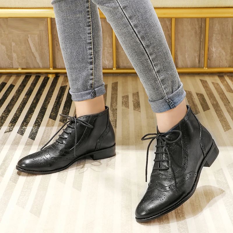 Bottes Et Bottines Brogue En Cuir Véritable Pour Femmes Chaussures Oxford - Noir